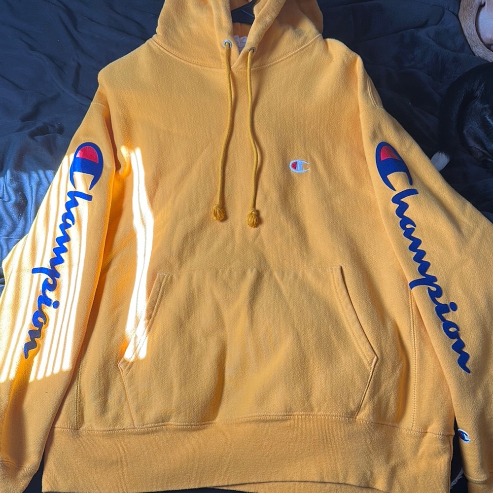Champion Men's Yellow Hoodie with Blue Accents